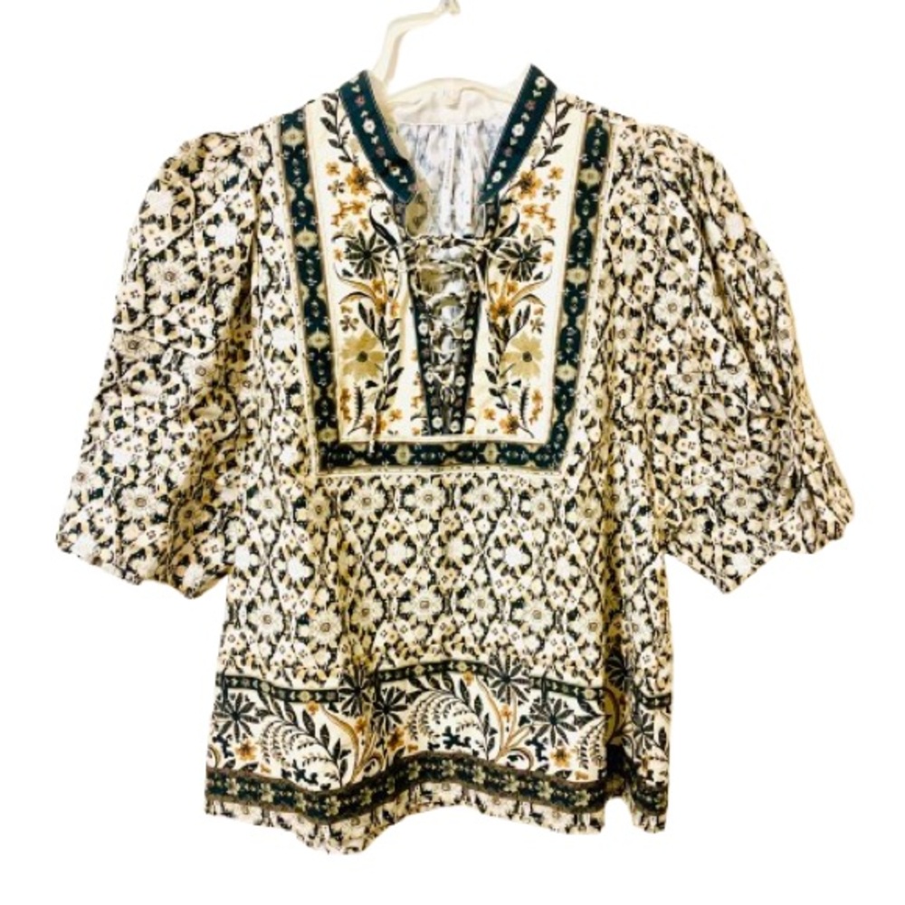 Anthropologie Pleated Puff-Sleeve Blouse Boho Peasant Top - Size Medium - Picture 2 of 16